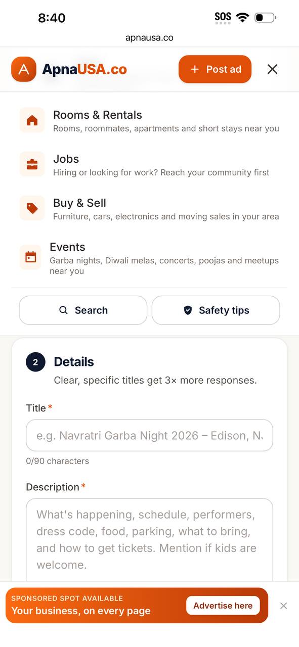 ApnaUSA category menu and details form