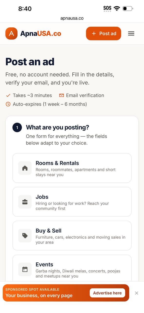 ApnaUSA post an ad flow