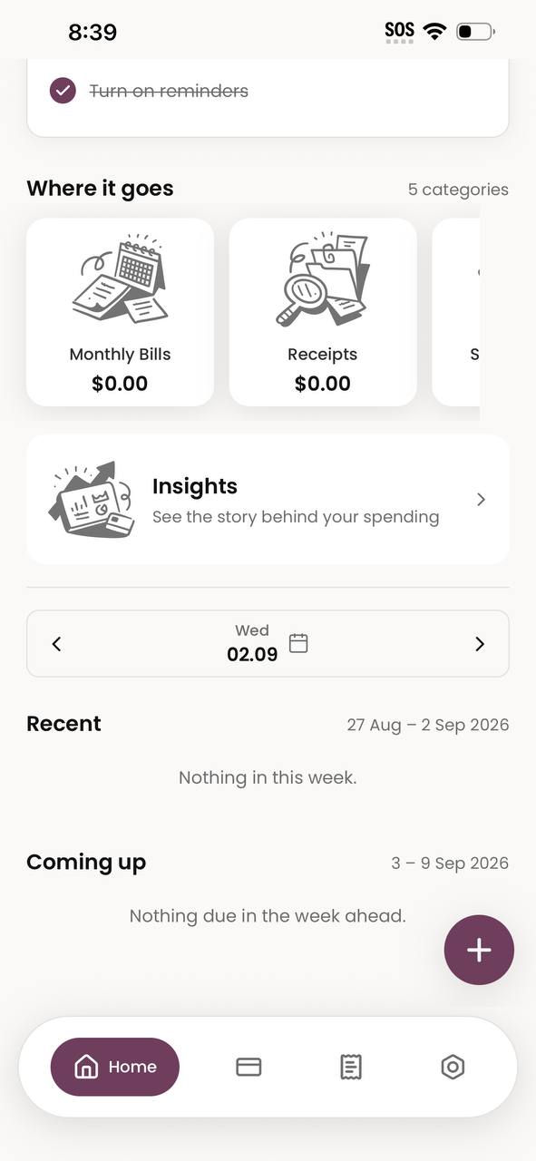 Skip categories, Insights, Recent and Coming up
